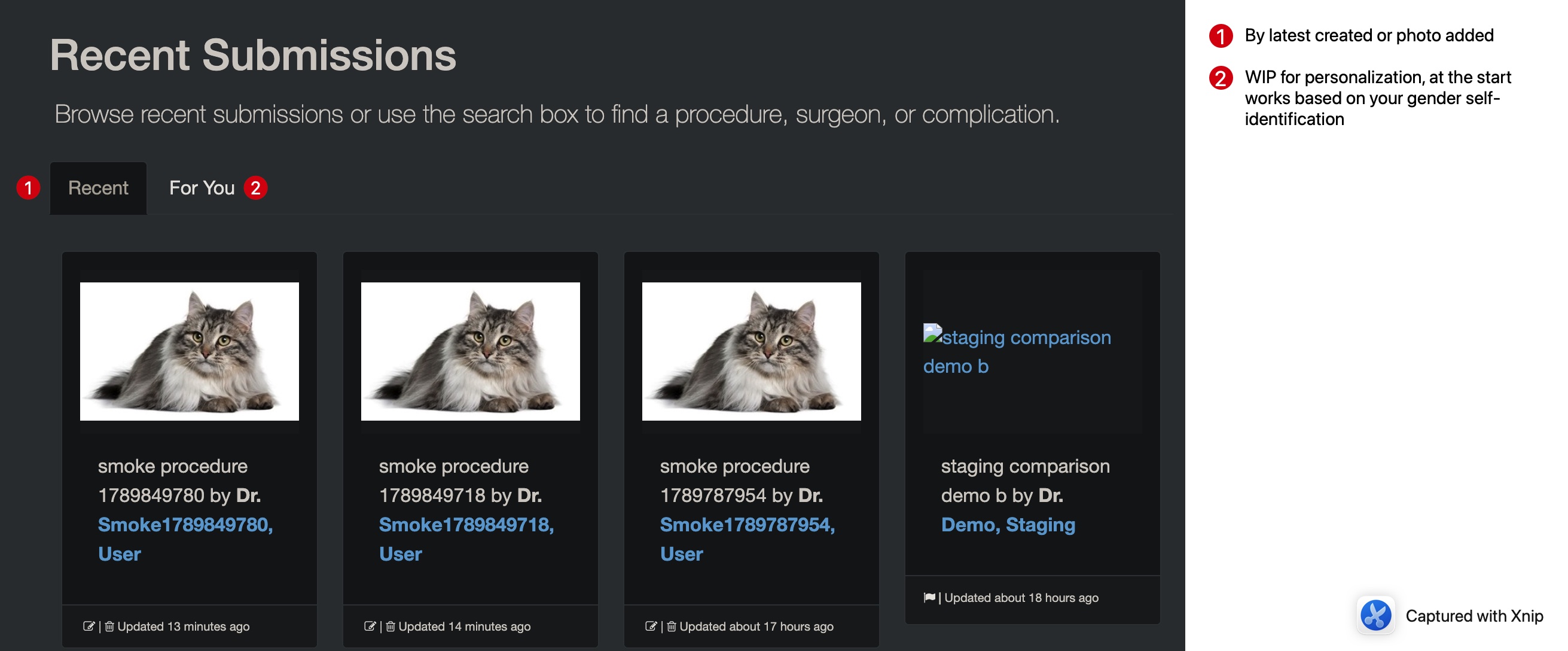 Recent and For You submission feeds using fictional demo data